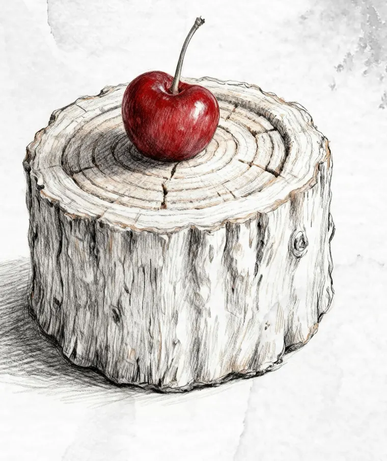 The house’s own drawing of the name: a tree stump in graphite with one red cherry on top